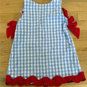 Girls Blue Gingham Casual Dress with Red Trim